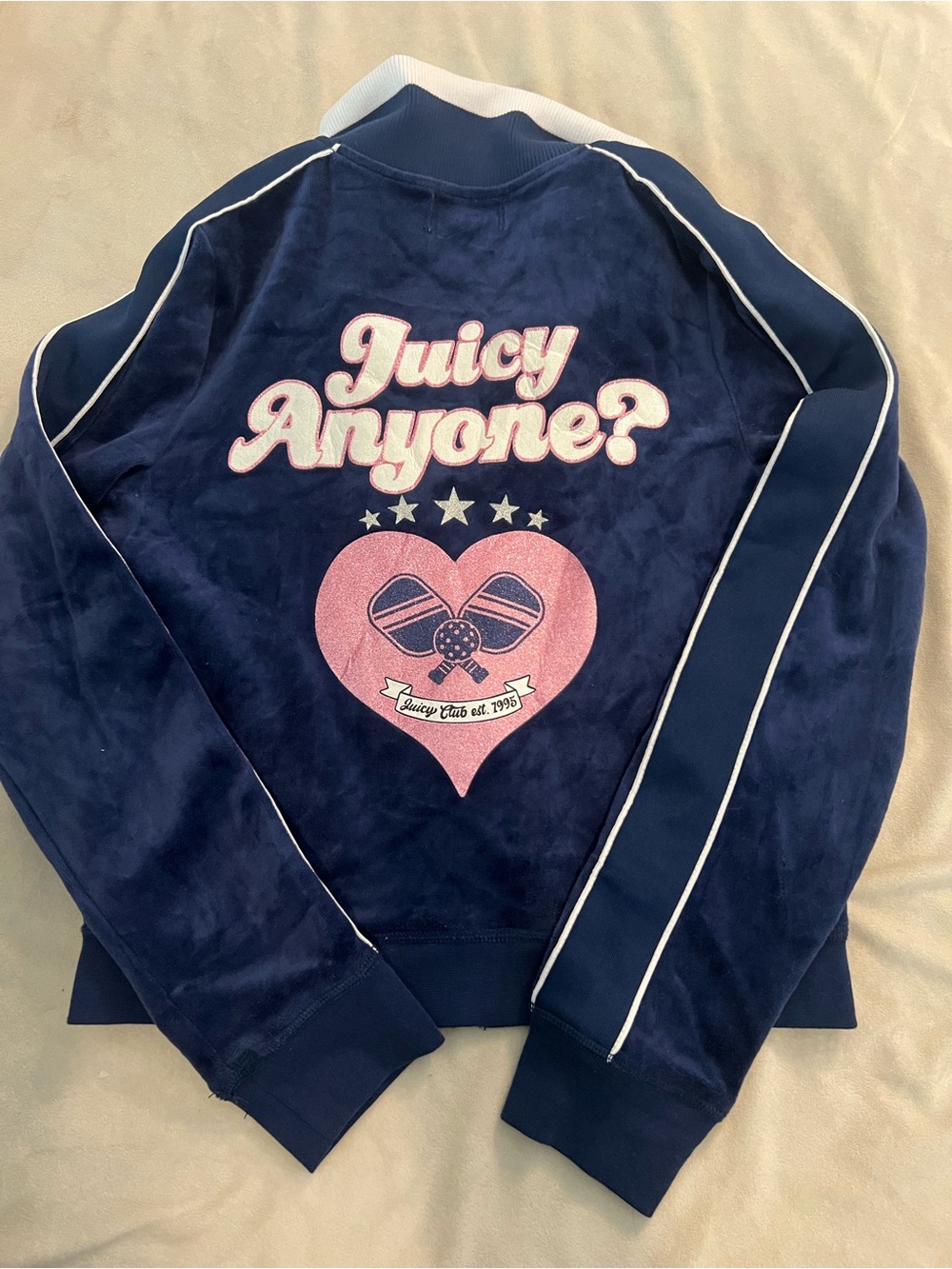 Vintage Juicy Couture Navy Velour Zip-Up Jacket with White Trim